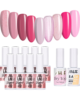 AlleLac Pinks3 Zestaw 9 Lakierów Hybrydowych Do Paznokci 6g Baza Top