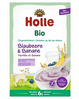 Holle Bio Kaszka ryżowa, mleczna na bazie mleka koziego jagodowo-bananowa od 6 m-ca życia