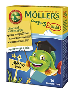 Mollers Omega-3 Rybki, Żelki z kwasami omega-3 i witaminą D3 dla dzieci, Smak jabłkowy