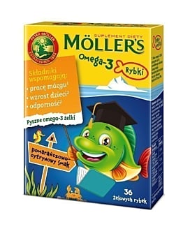 Mollers Omega-3 Rybki, Żelki z kwasami omega-3 i witaminą D3 dla dzieci, Smak pomarańczowo-cytrynowy