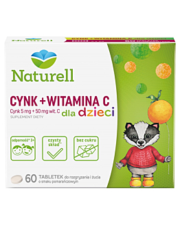 Naturell Cynk + Witamina C dla dzieci, Tabletki do rozgryzania i żucia, Smak pomarańczowy