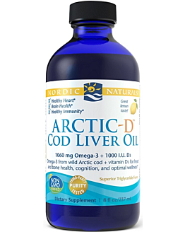 Arctic-D Cod Liver Oil, Smak cytrynowy, Olej z dzikiego dorsza arktycznego z witaminą D3, Smak cytrynowy, Płyn