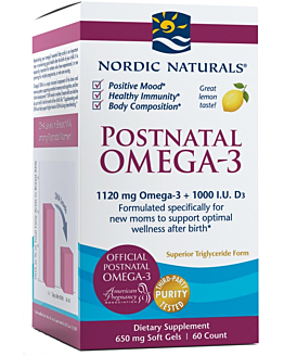Nordic Naturals Postnatal Omega-3 1120mg, Suplement diety dla kobiet w okresie poporodowym oraz matek karmiących, Kapsułki, Smak cytrynowy