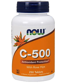 Now Foods Vitamin C-500 With Rose Hips, Suplement diety z witaminą C, Tabletki
