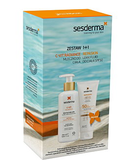 Sesderma Zestaw Dermokosmetyków, C-Vit Radiance Mleczko + Repaskin Light Fluid SPF50 