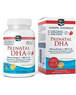 Nordic Naturals Prenatal DHA 830mg, Kapsułki z kwasami omega-3 dla kobiet w ciąży, Smak truskawkowy