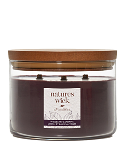 Woodwick Natures Wick Candela in Vetro con 3 Stoppini in Legno Wildberry & Gelsomino
