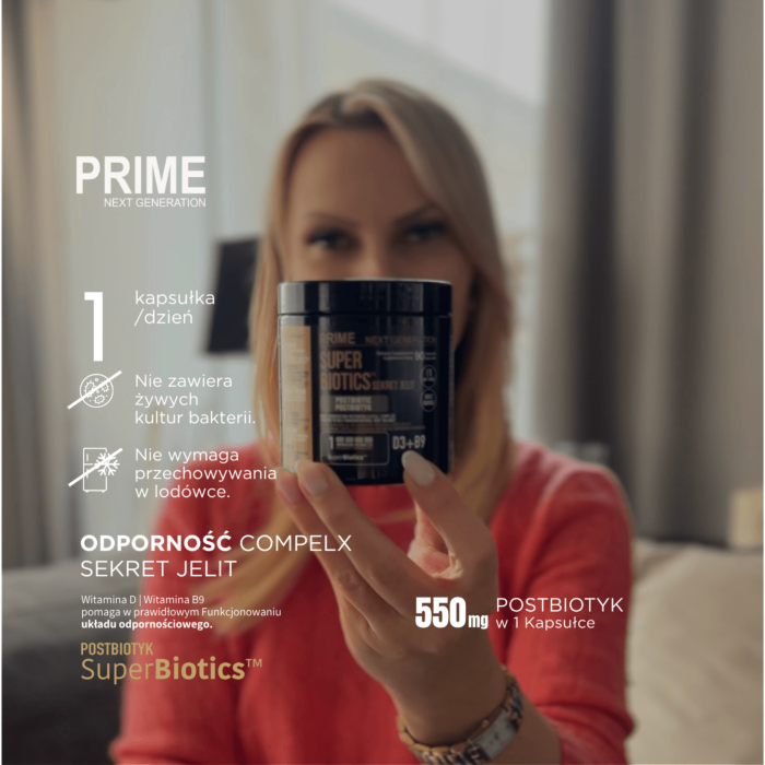PRIME Postbiotyk SuperBiotics™ na jelita i odporność z witaminą D3 i B9, 550 mg, 90 kaps. 90 dni stosowania