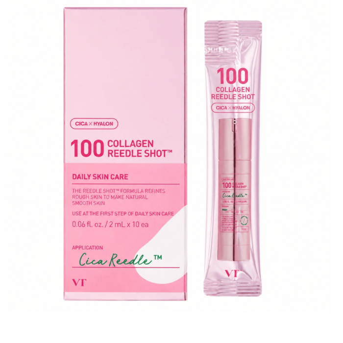 VT COSMETICS 100 COLLAGEN REEDLE SHOT , wygładzające serum z mikroigłami, kolagenem i kompleksem CICA, 2 ml * 10 szt