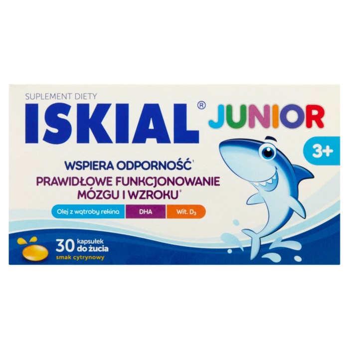 Iskial Junior, Wsparcie odporności dla dzieci od 3. roku życia, Kapsułki do żucia, Smak cytrynowy