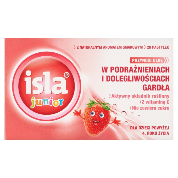 Isla Junior Pastylki do ssania na gardło dla dzieci od 4. roku życia smak truskawkowy