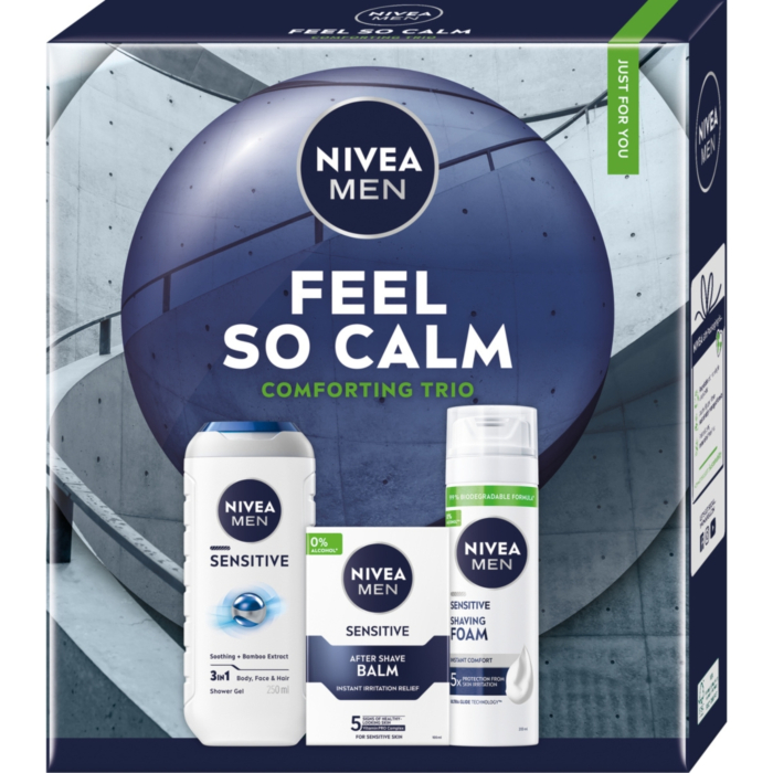 Nivea Zestaw Feel So Calm: SG 250 ml + Pianka do golenia 200 ml + Balsam A/S 100 ml