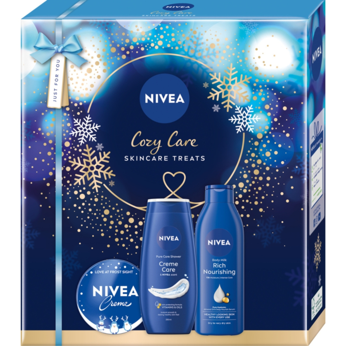 Nivea Zestaw Cozy Care: SG 250 ml + Krem uniwersalny 150 ml + Mleczko do ciała 250 ml
