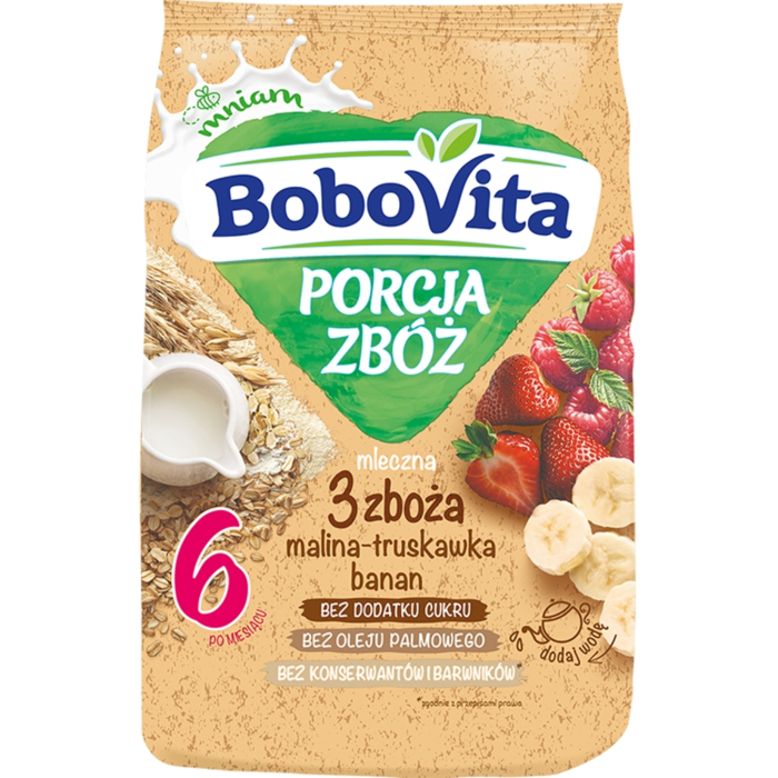 Bobovita Kaszka Porcja Zbóż Mleczna 3 Zboża, Malina, Truskawka, Banan