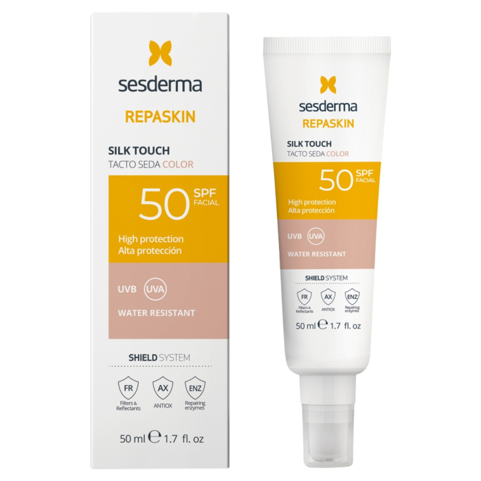 Sesderma Repaskin Silk Touch Color, Fluid przeciwsłoneczny do twarzy wyrównujący kolor skóry SPF50