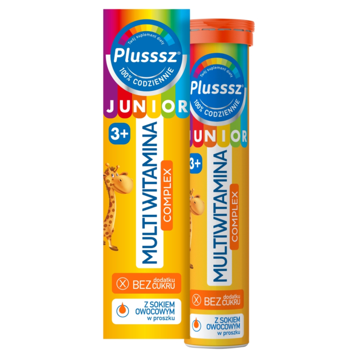 Plusssz Junior Multiwitamina Complex, Tabletki musujące dla dzieci powyżej 3. roku życia, Smak tropikalny