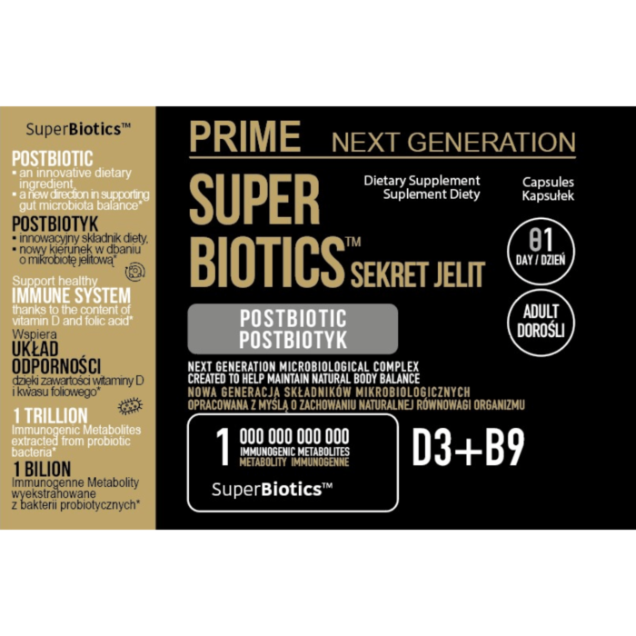 PRIME Postbiotyk SuperBiotics™ na jelita i odporność z witaminą D3 i B9, 550 mg, 90 kaps. 90 dni stosowania