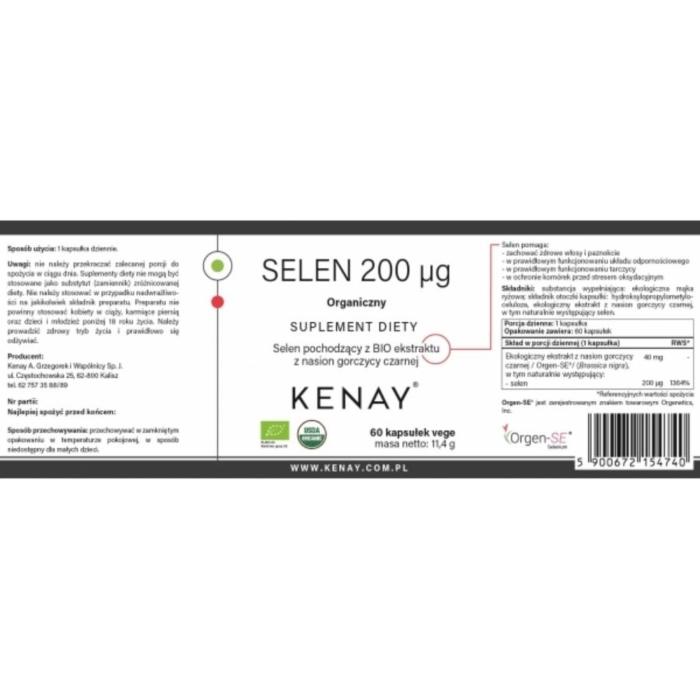 Kenay Suplement diety organiczny selen 200 mcg