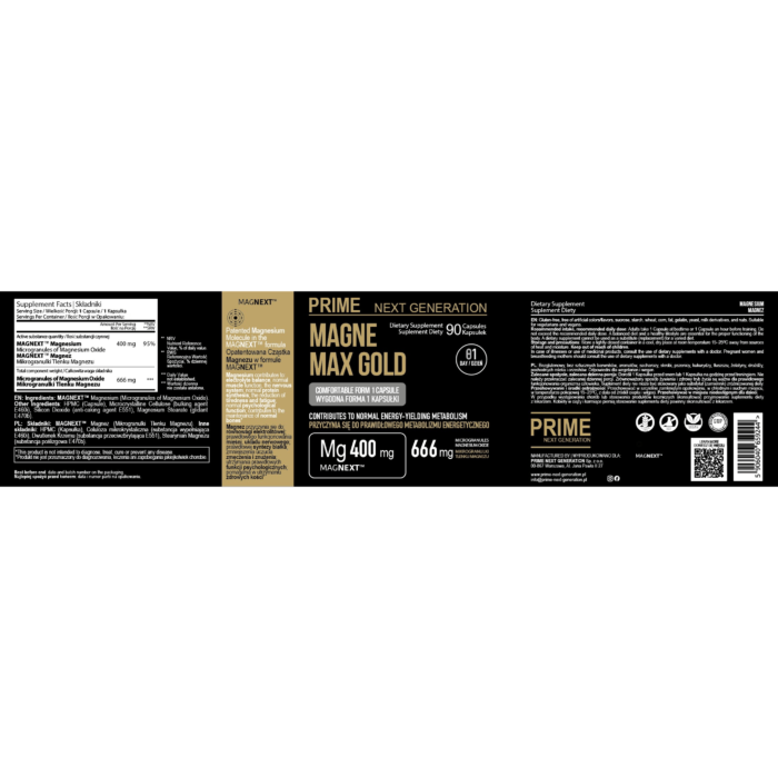 PRIME Magnez MAGNE MAX GOLD MAGNEXT™ Na zmęczenie, regenerację i wydajność organizmu, mięśnie i układ nerwowy, 400 mg, 90 kaps. 90 dni stosowania