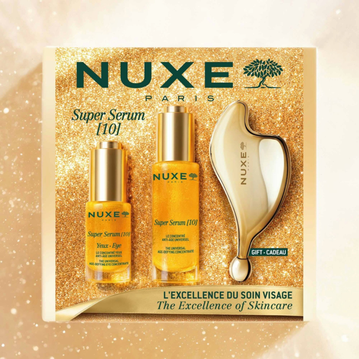 Nuxe zestaw Super Serum [10]: Serum 30ml + Serum pod oczy 15ml + Płytka do masażu twarzy
