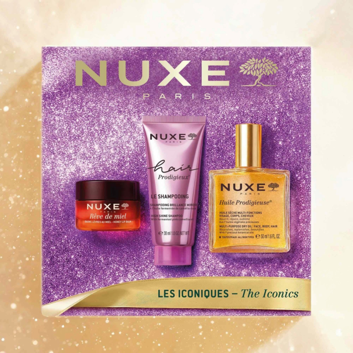 Nuxe Bestsellery Huile Prodigieuse: Huile Prodigieuse® Suchy olejek do pielęgnacji 50 ml + Rêve de Miel® Odżywczy balsam do ust 15 g + Hair Prodigieux® Szampon 30 ml