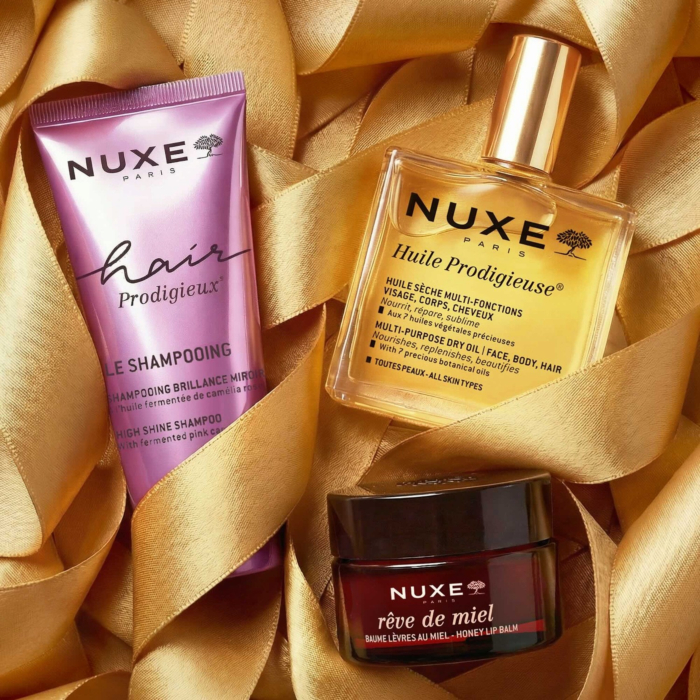Nuxe Bestsellery Huile Prodigieuse: Huile Prodigieuse® Suchy olejek do pielęgnacji 50 ml + Rêve de Miel® Odżywczy balsam do ust 15 g + Hair Prodigieux® Szampon 30 ml