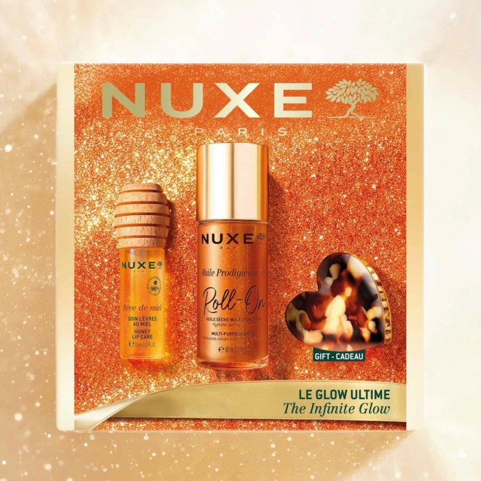 Nuxe Glow Huile Prodigieuse Or: Huile Prodigieuse® OR Roll-on olejek 60ml + Rêve de Miel® Miodowy olejek do ust 10 ml + Spinka do włosów w kształcie serca