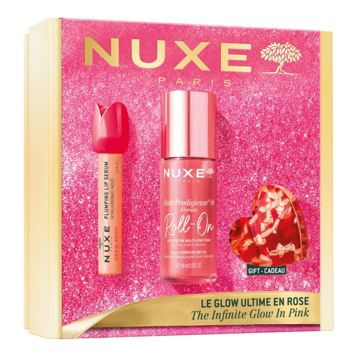 Nuxe Glow Huile Prodigieuse Or Florale: Huile Prodigieuse® Or Florale Roll-On Suchy olejek 60 ml + Very Rose Nawilżające serum do ust 8 ml + Spinka do włosów 