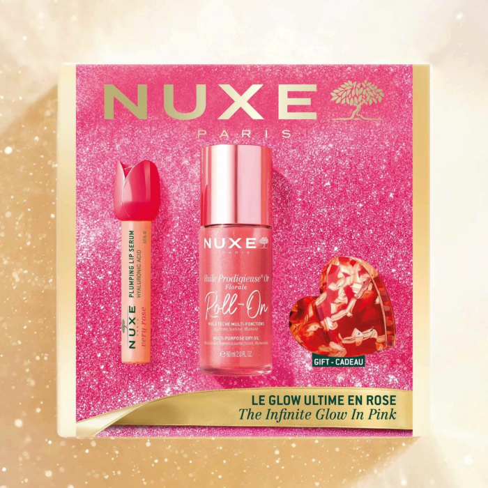 Nuxe Glow Huile Prodigieuse Or Florale: Huile Prodigieuse® Or Florale Roll-On Suchy olejek 60 ml + Very Rose Nawilżające serum do ust 8 ml + Spinka do włosów 