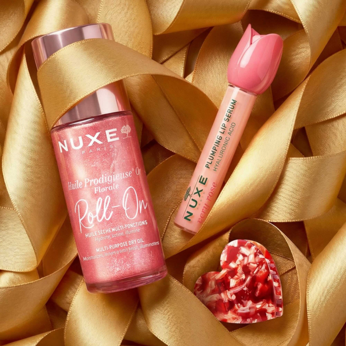 Nuxe Glow Huile Prodigieuse Or Florale: Huile Prodigieuse® Or Florale Roll-On Suchy olejek 60 ml + Very Rose Nawilżające serum do ust 8 ml + Spinka do włosów 