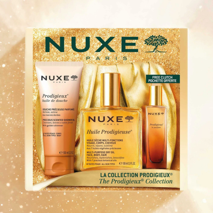 Nuxe Kultowy Prodigieux: Huile Prodigieuse® Suchy olejek 100 ml + Perfumy Prodigieux® 15 ml + Olejek pod prysznic Prodigieux® 100 ml + Złota kopertówka
