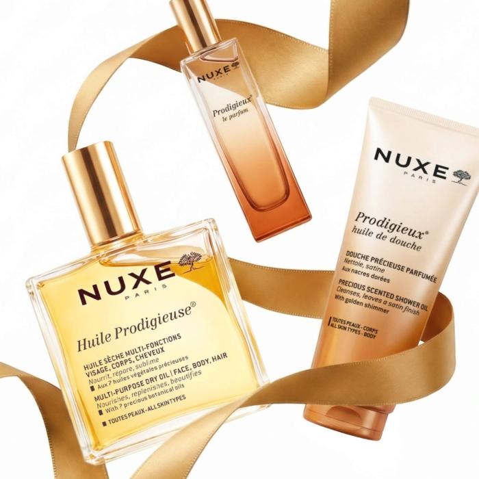 Nuxe Kultowy Prodigieux: Huile Prodigieuse® Suchy olejek 100 ml + Perfumy Prodigieux® 15 ml + Olejek pod prysznic Prodigieux® 100 ml + Złota kopertówka