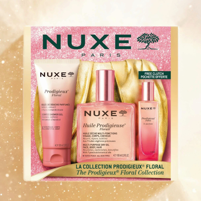 Nuxe Kultowy Prodigieux Florale: Huile Prodigieuse® Florale Suchy 50 ml + Perfumy Prodigieux® Floral 15 ml + Żel pod prysznic Prodigieux® 100 ml + Złota kopertówka