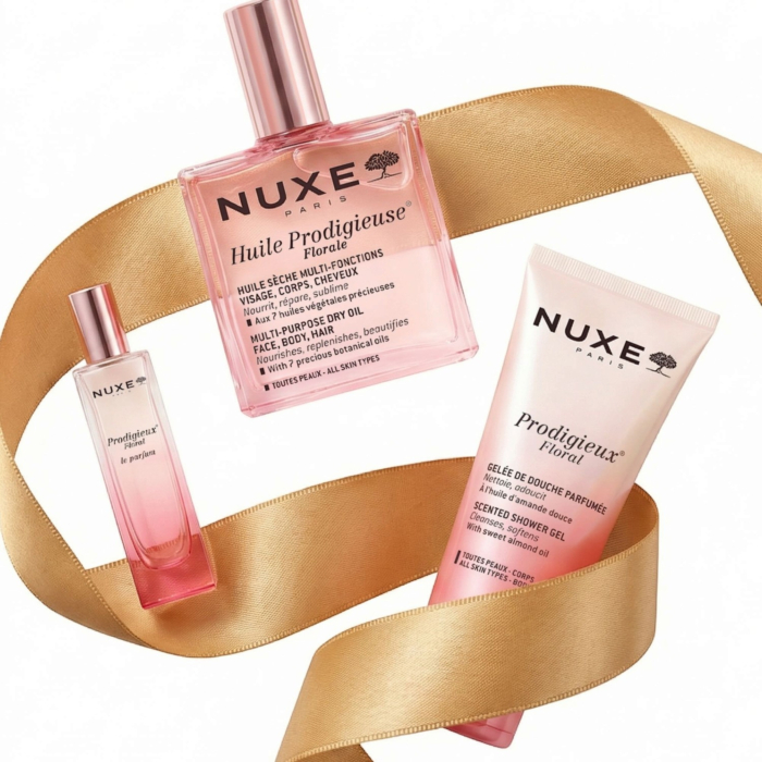 Nuxe Kultowy Prodigieux Florale: Huile Prodigieuse® Florale Suchy 50 ml + Perfumy Prodigieux® Floral 15 ml + Żel pod prysznic Prodigieux® 100 ml + Złota kopertówka