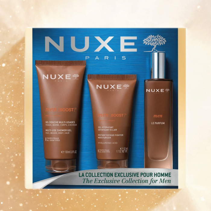 Nuxe zestaw Men Boost: Żel pod prysznic 100ml + Krem nawilżający 50ml + Woda perfumowana 50ml