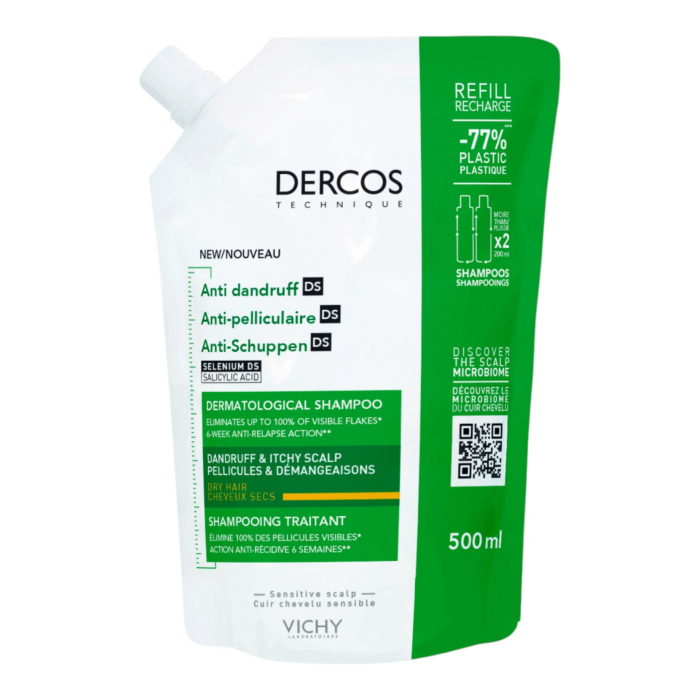 Vichy Dercos Szampon przeciwłupieżowy do włosów suchych Refill, 500 ml