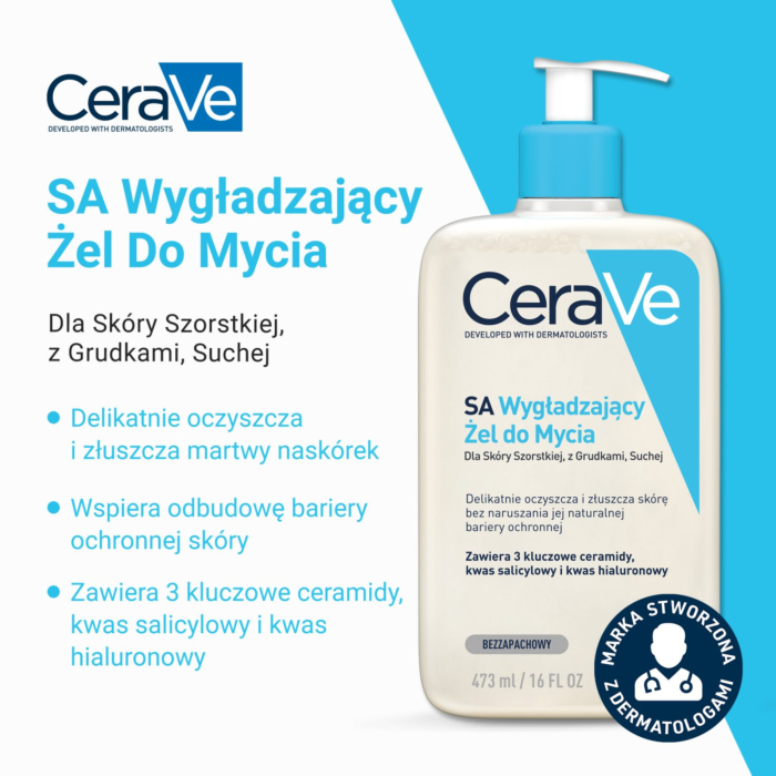CeraVe SA Wygładzający żel do mycia dla skóry szorstkiej, z grudkami, suchej, 473 ml
