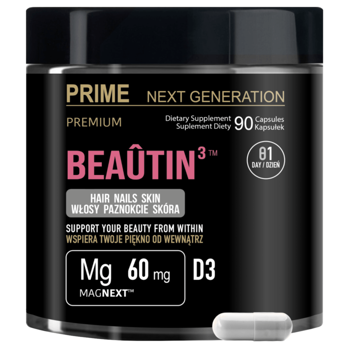 PRIME BEAÛTIN³™ Kompleks beauty na włosy, skórę i paznokcie z biotyną, cynkiem i krzemem, Biotyna 5000 mcg, 90 kaps. 90 dni stosowania