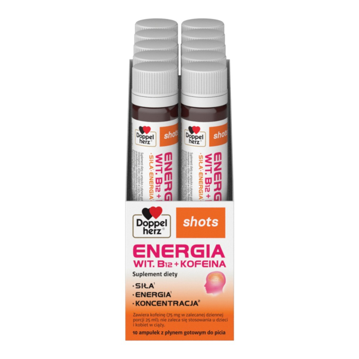 Doppelherz Shots Energia Wit. B12+Kofeina Płyn, 10 amp. x 25 ml
