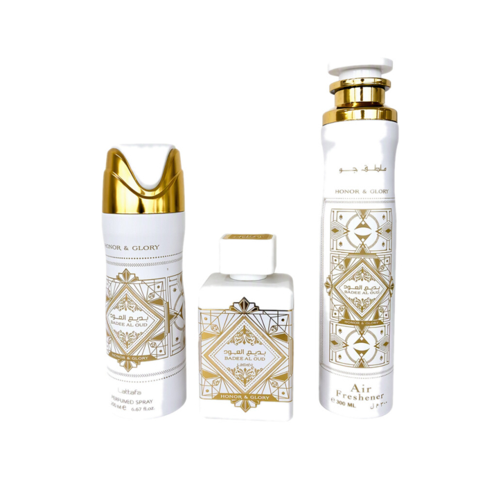 Lattafa Bade'e Al Oud Honor & Glory zestaw prezentowy unisex, woda perfumowana 100 ml, perfumowany dezodorant 200 ml, perfumowany odświeżacz do pomieszczeń, 300ml