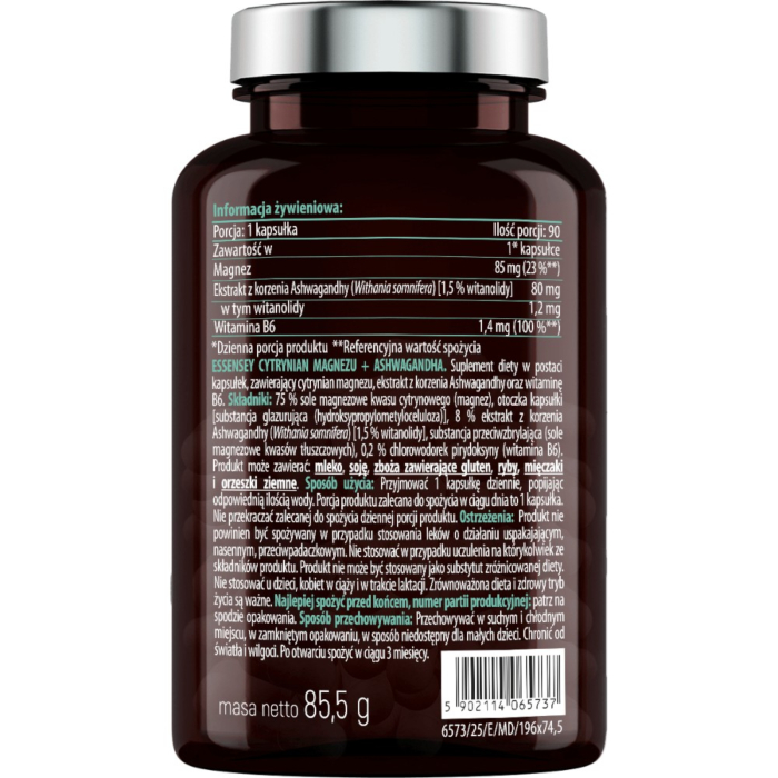 Essensey Cytrynian Magnezu + Ashwagandha Kapsułki, 90 szt.