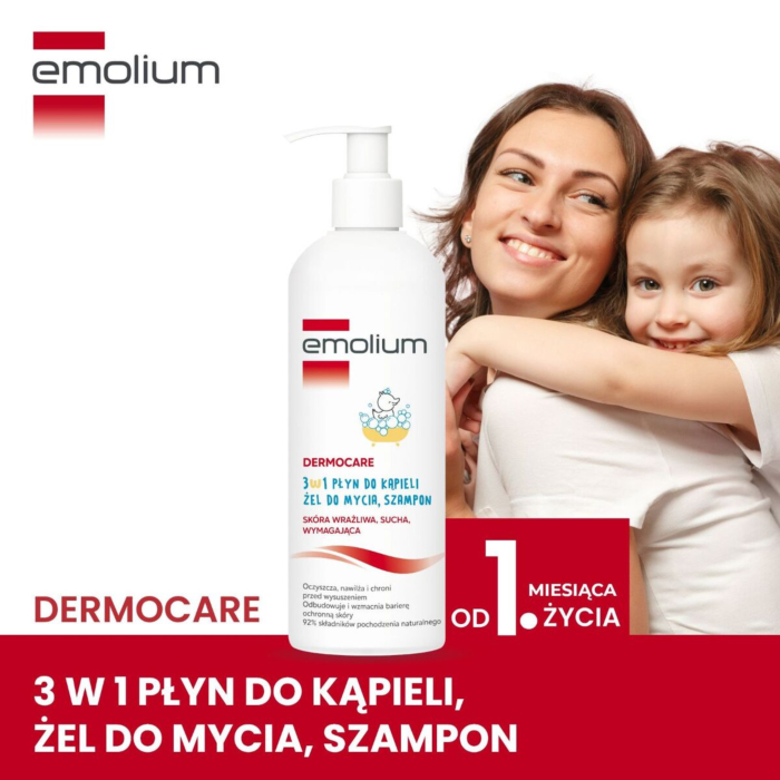 Emolium Dermocare 3w1: płyn do kąpieli, żel do mycia, szampon 