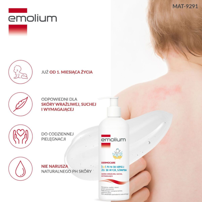 Emolium Dermocare 3w1: płyn do kąpieli, żel do mycia, szampon 