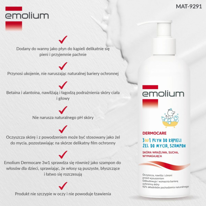 Emolium Dermocare 3w1: płyn do kąpieli, żel do mycia, szampon 
