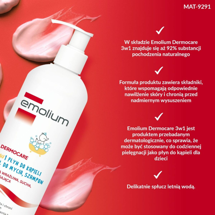 Emolium Dermocare 3w1: płyn do kąpieli, żel do mycia, szampon 