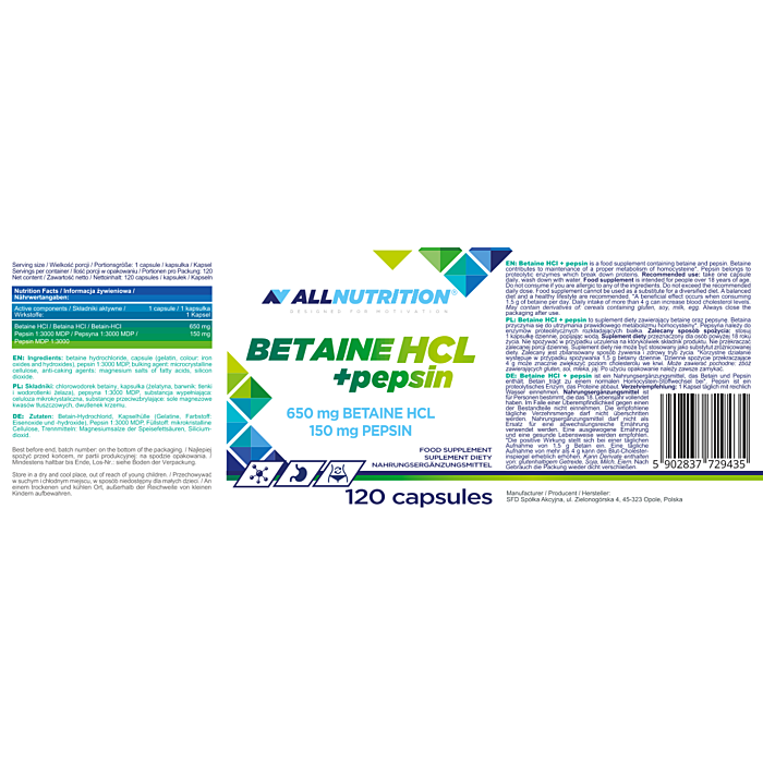 Allnutrition Betaine HCL + Pepsin, Kapsułki