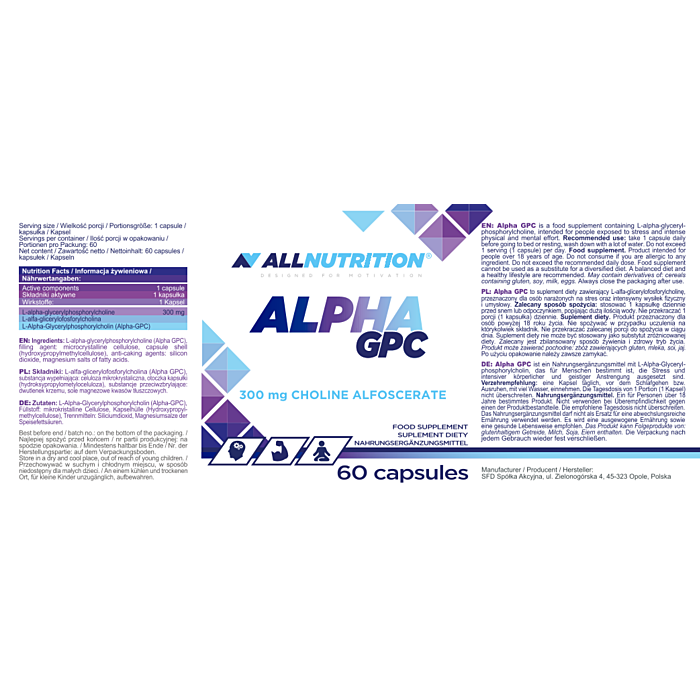 Allnutrition Alpha GPC, Suplement diety wspierający układ nerwowy, Kapsułki