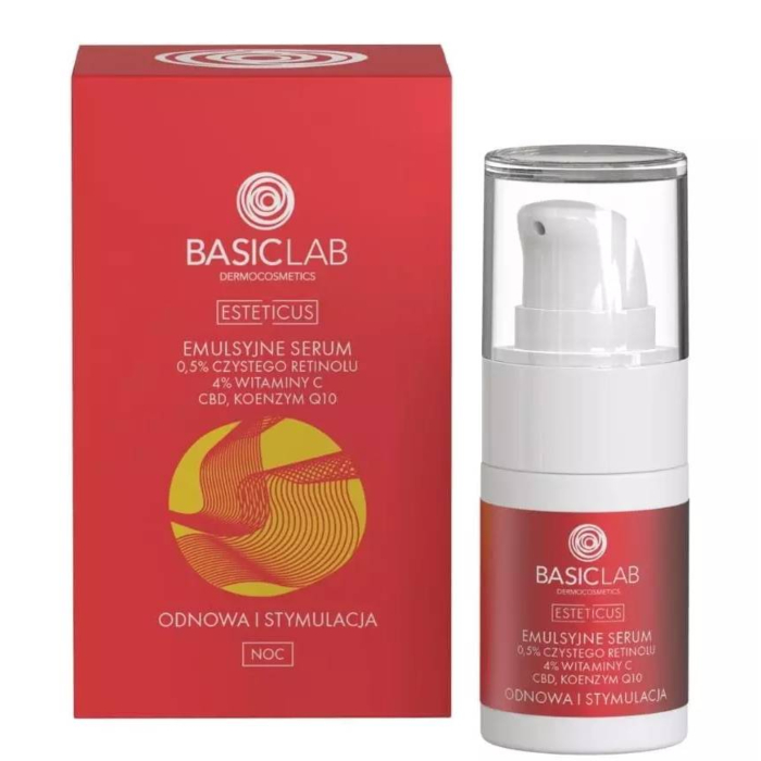 BasicLab Esteticus Emulsyjne serum z czystym retinolem 0,5%, witaminą C 4% i koenzymem Q10, 15 ml
