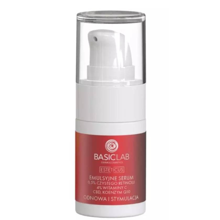 BasicLab Esteticus Emulsyjne serum z czystym retinolem 0,5%, witaminą C 4% i koenzymem Q10, 15 ml
