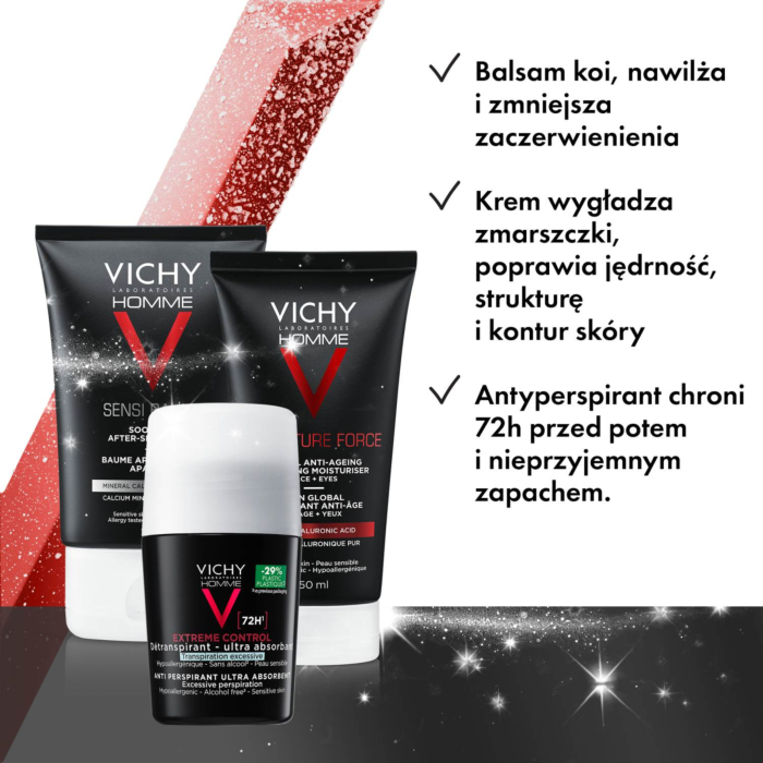 Vichy Homme Zestaw: Balsam po goleniu + krem do twarzy + antyperspirant w kulce